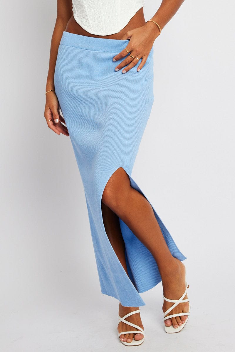 Blue Knit Skirt Front Split High Rise for Ally Fashion