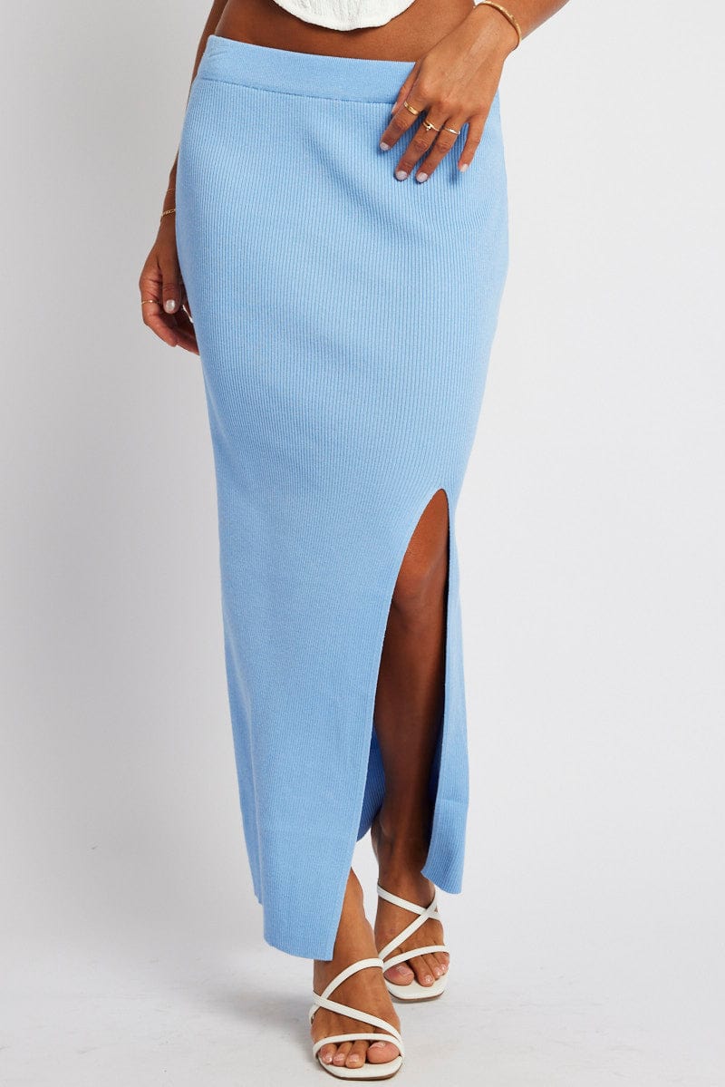 Blue Knit Skirt Front Split High Rise for Ally Fashion
