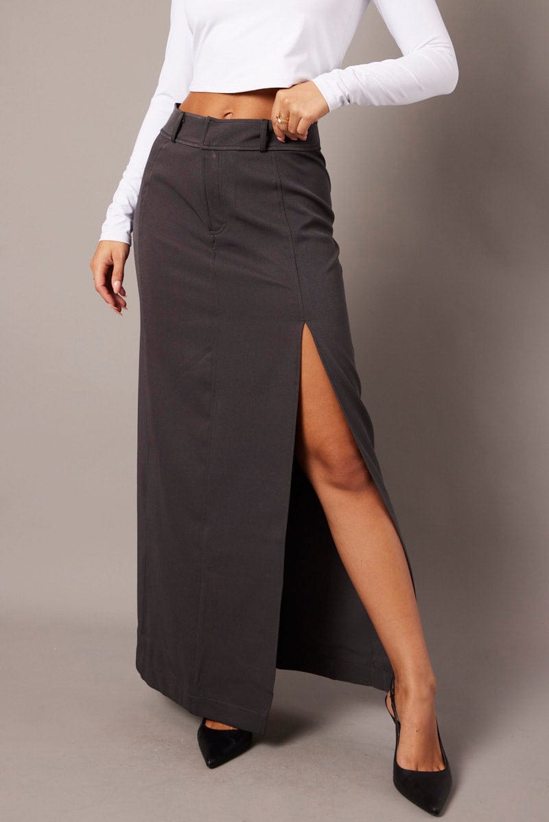 Grey Midi Skirt Tailored High Waist for Ally Fashion