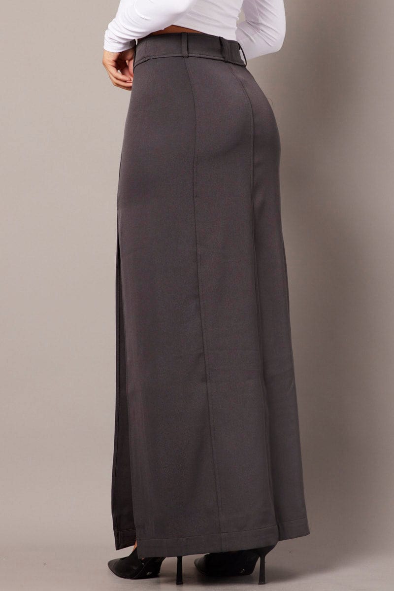 Grey Midi Skirt Tailored High Waist for Ally Fashion