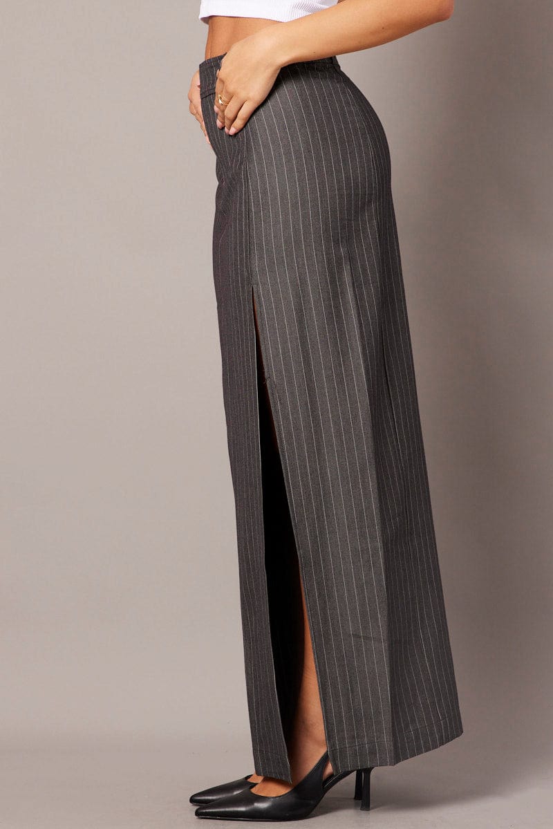 Grey Stripe Midi Skirt Tailored High Waist for Ally Fashion