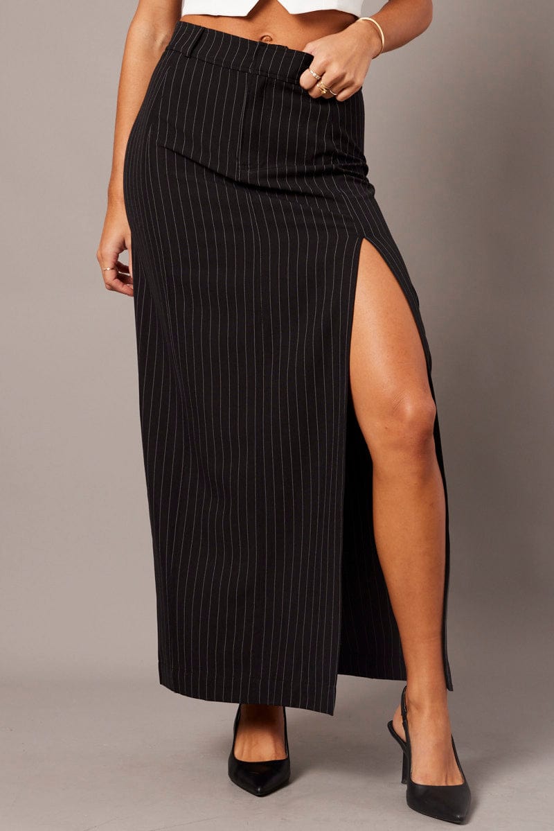 Black Stripe Midi Skirt Tailored High Waist for Ally Fashion