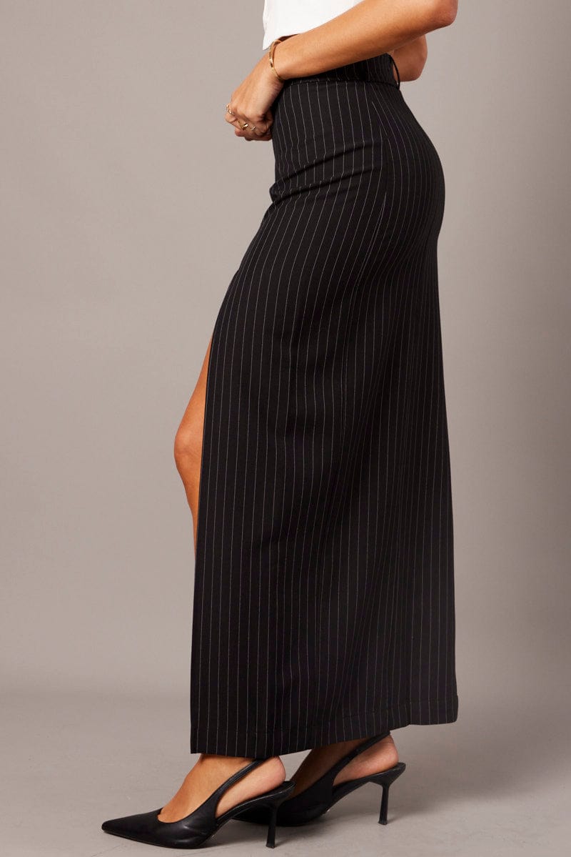 Black Stripe Midi Skirt Tailored High Waist for Ally Fashion