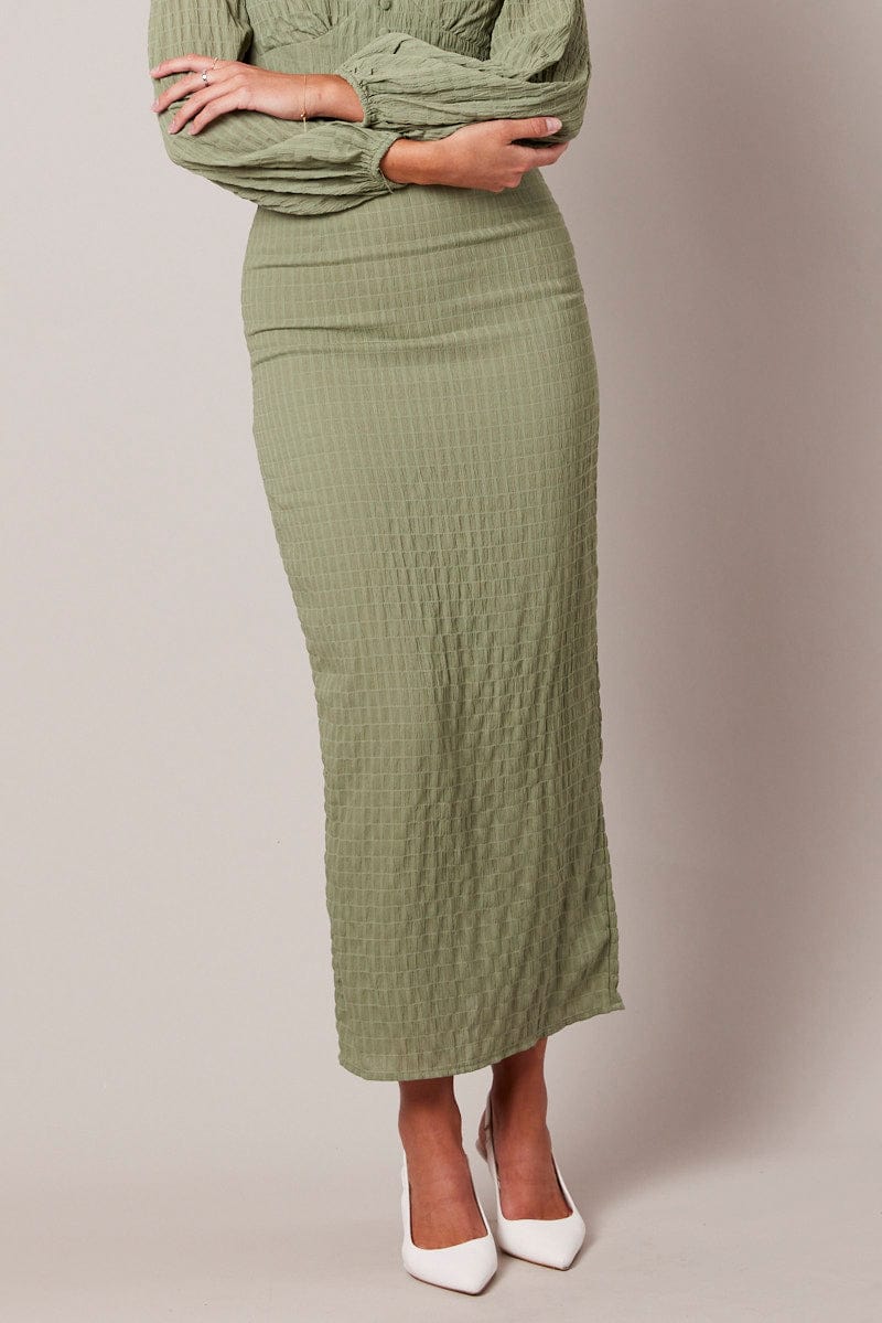 Green Midi Skirt High Rise Textured Fabric for Ally Fashion