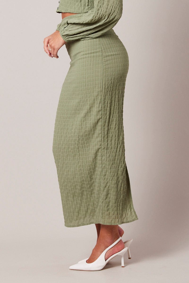 Green Midi Skirt High Rise Textured Fabric for Ally Fashion