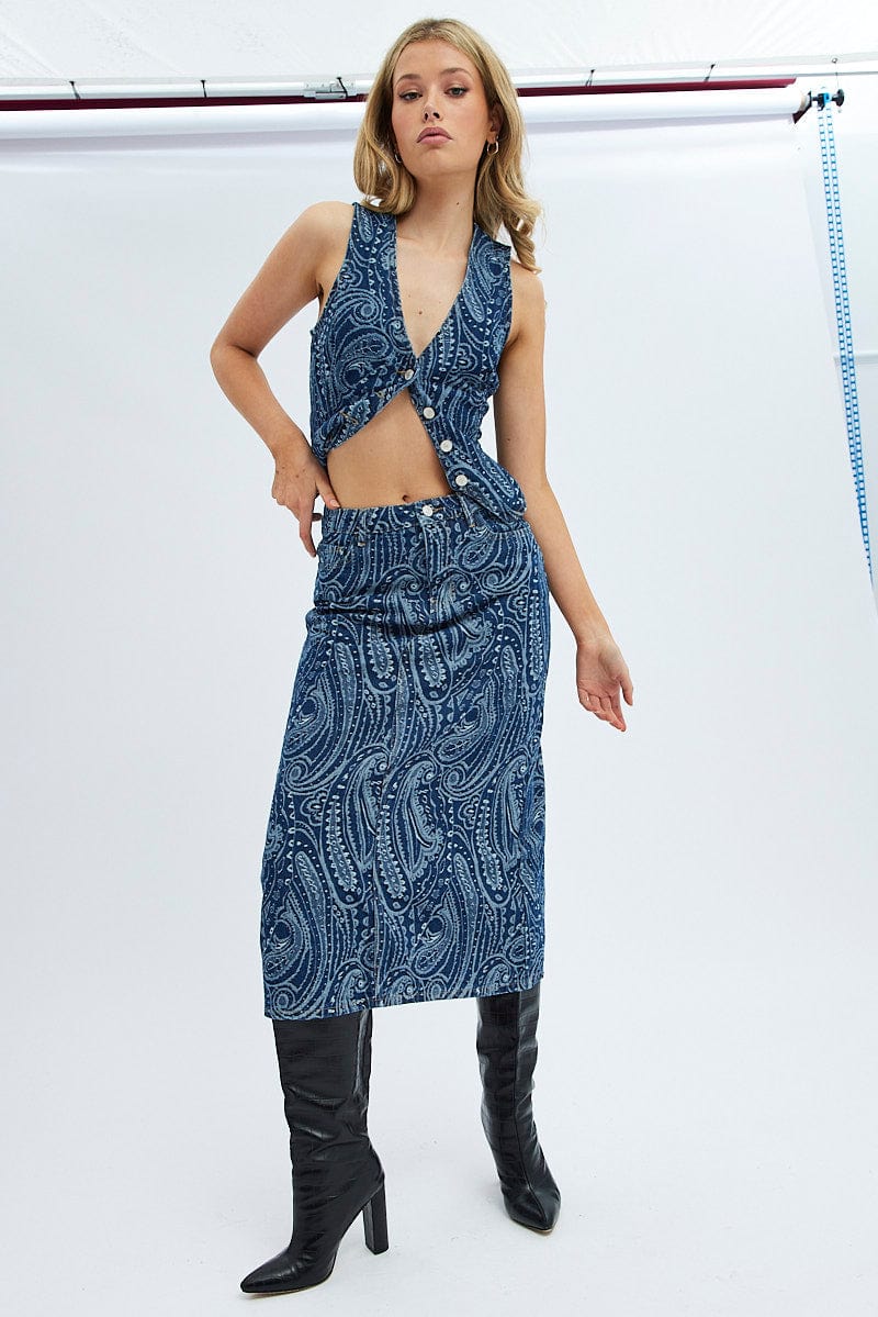 Denim Midi Skirt Mid Rise Straight Fit Paisley Denim for Ally Fashion