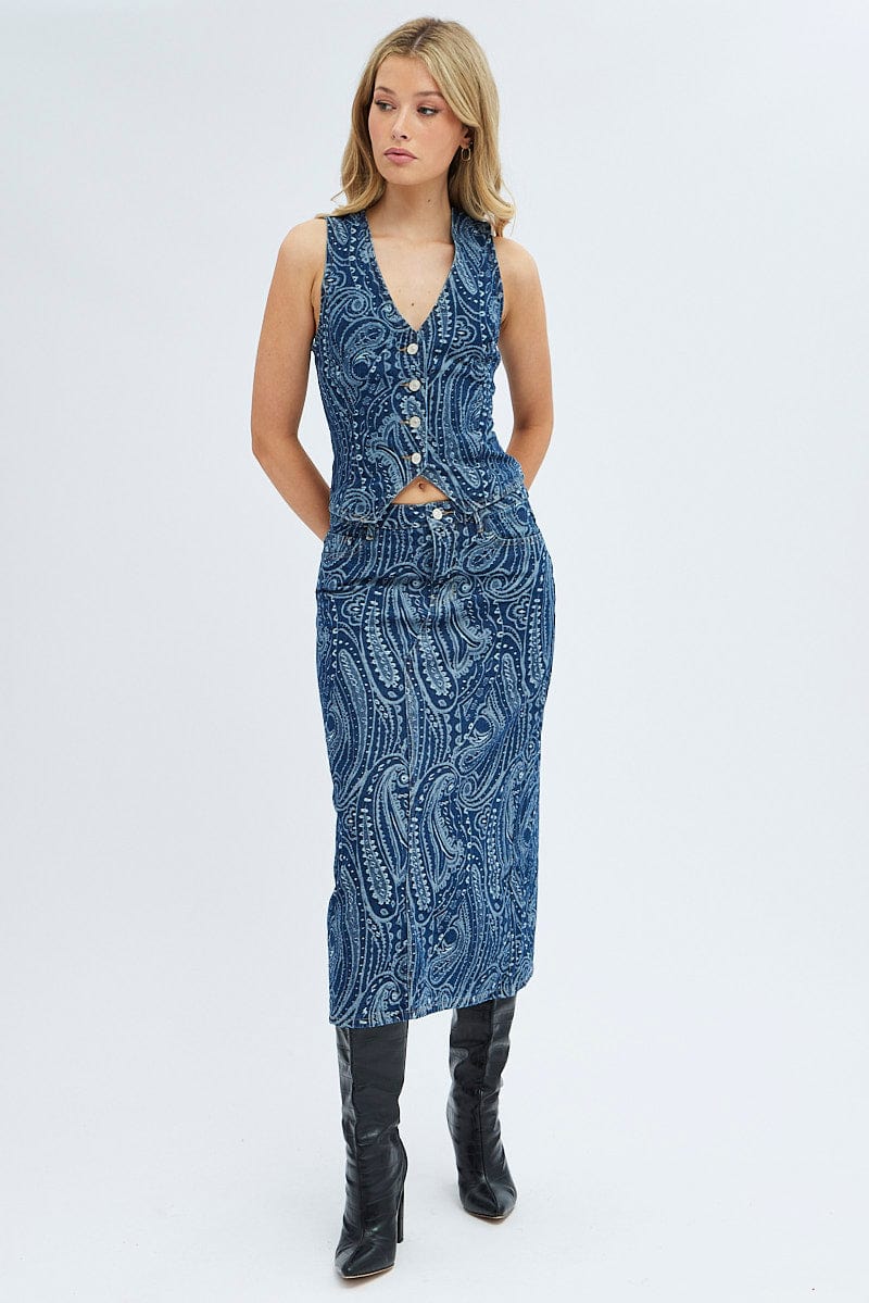 Denim Midi Skirt Mid Rise Straight Fit Paisley Denim for Ally Fashion