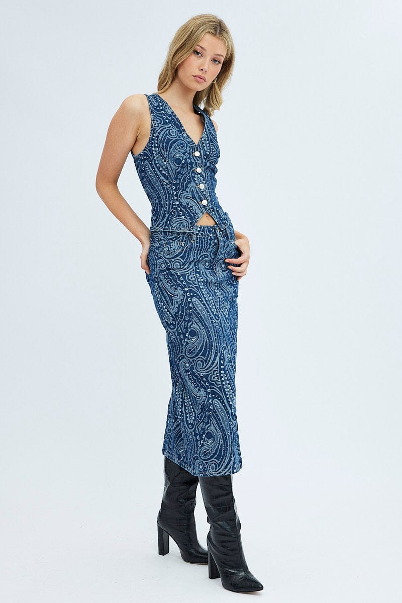 Denim Midi Skirt Mid Rise Straight Fit Paisley Denim for Ally Fashion