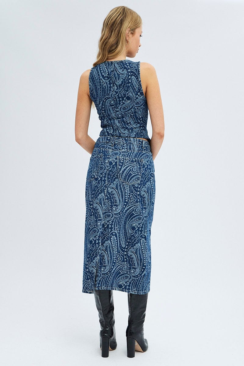 Denim Midi Skirt Mid Rise Straight Fit Paisley Denim for Ally Fashion