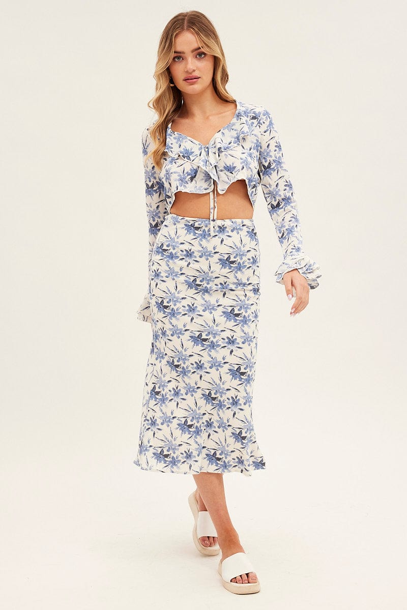 Blue Floral Midi Skirt Slip Floral Print for Ally Fashion