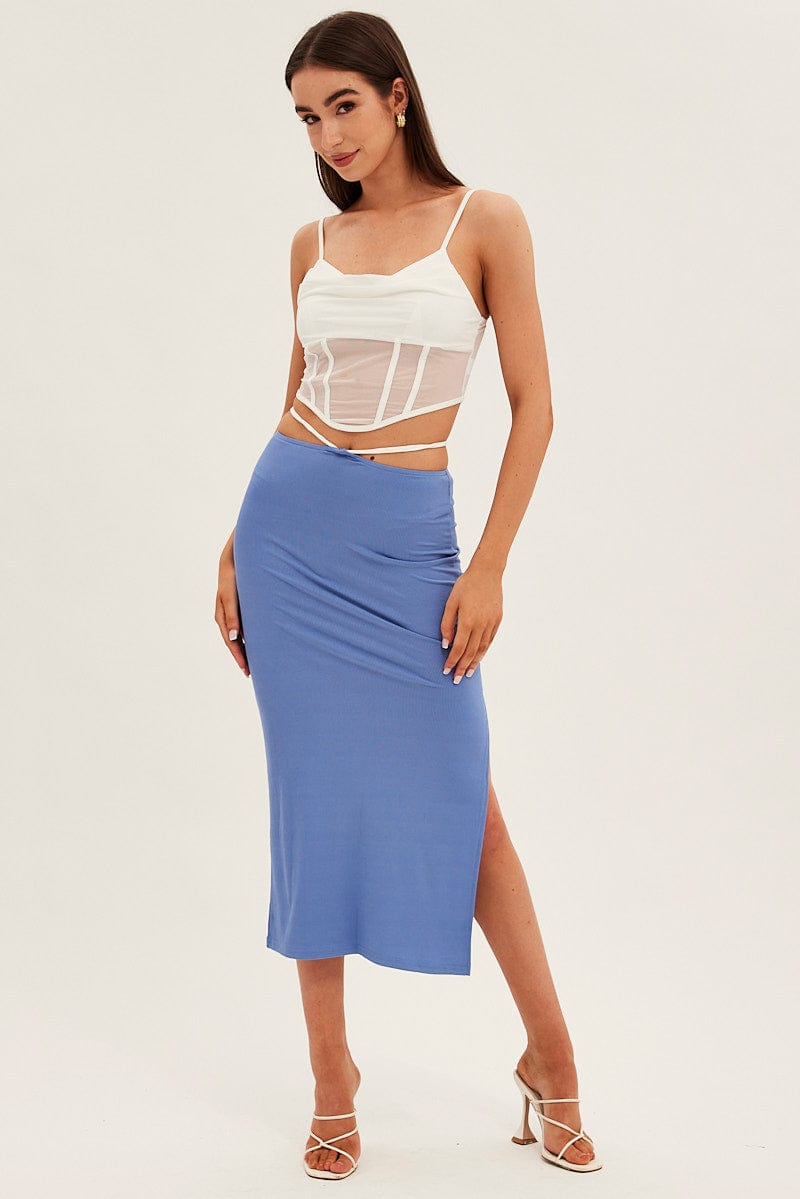 Blue Midi Skirt Bodycon Tie Contrast Ribbed for Ally Fashion