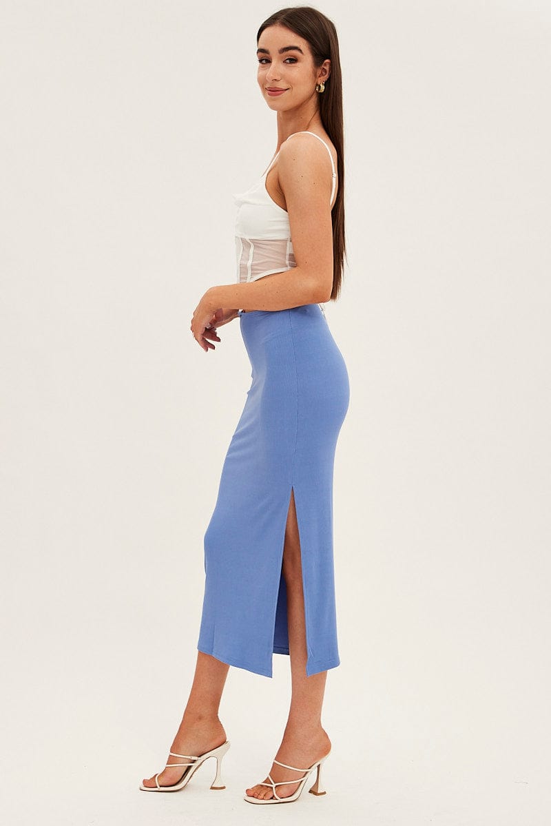 Blue Midi Skirt Bodycon Tie Contrast Ribbed for Ally Fashion