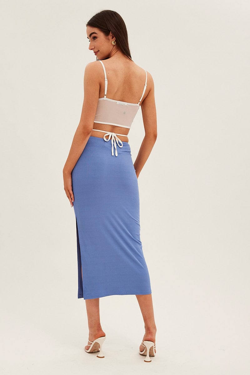 Blue Midi Skirt Bodycon Tie Contrast Ribbed for Ally Fashion