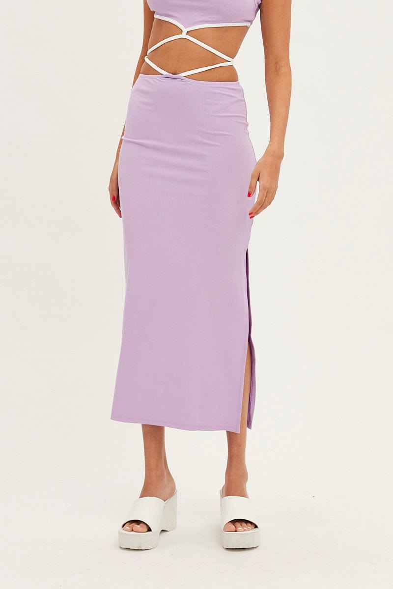 Purple Midi Skirt Bodycon Tie Contrast Ribbed for Ally Fashion