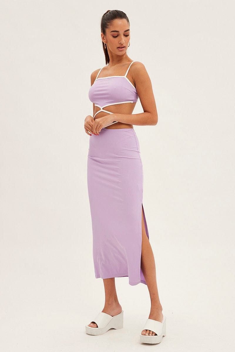 Purple Midi Skirt Bodycon Tie Contrast Ribbed for Ally Fashion