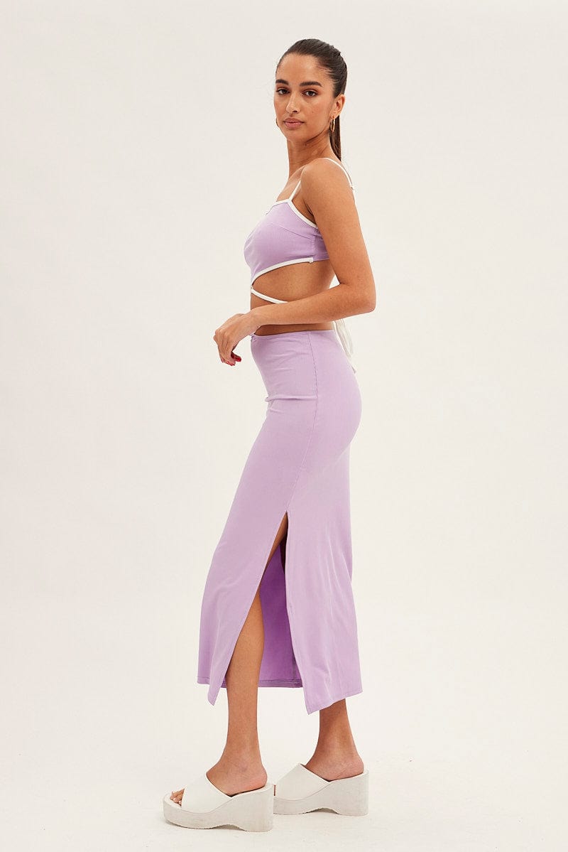 Purple Midi Skirt Bodycon Tie Contrast Ribbed for Ally Fashion