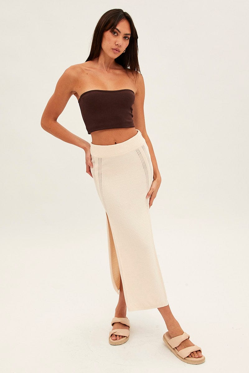 Beige Midi Skirt Knit Front Split for Ally Fashion