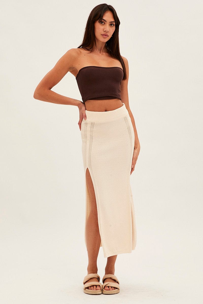 Beige Midi Skirt Knit Front Split for Ally Fashion