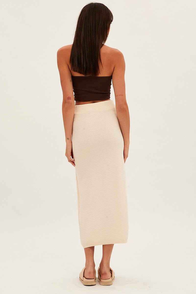 Beige Midi Skirt Knit Front Split for Ally Fashion