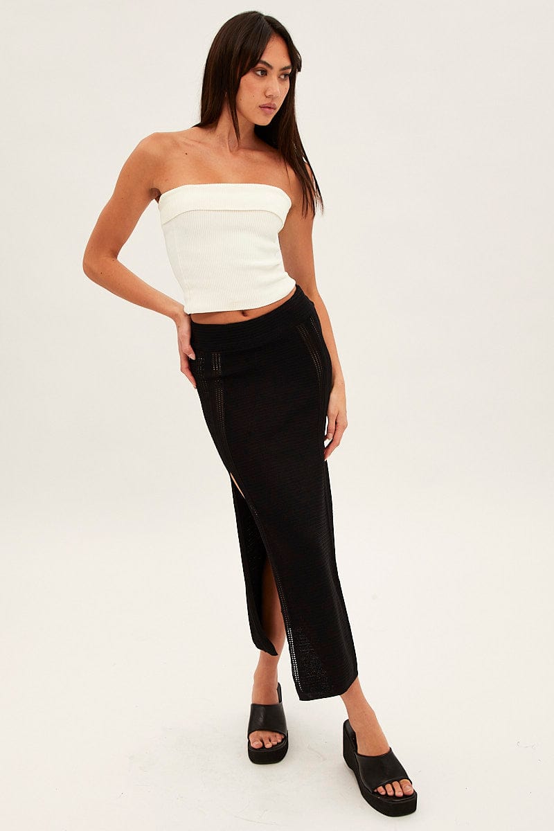 Black Midi Skirt Knit Front Split for Ally Fashion