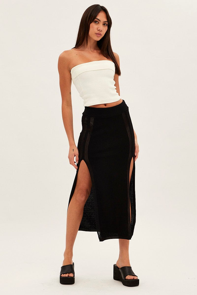 Black Midi Skirt Knit Front Split for Ally Fashion