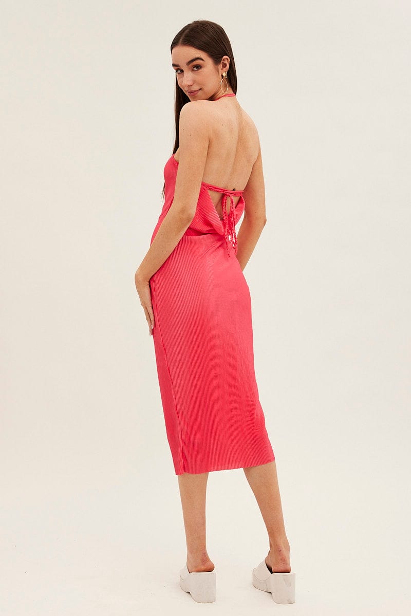 Pink Midi Dress Bandeau Plisse for Ally Fashion