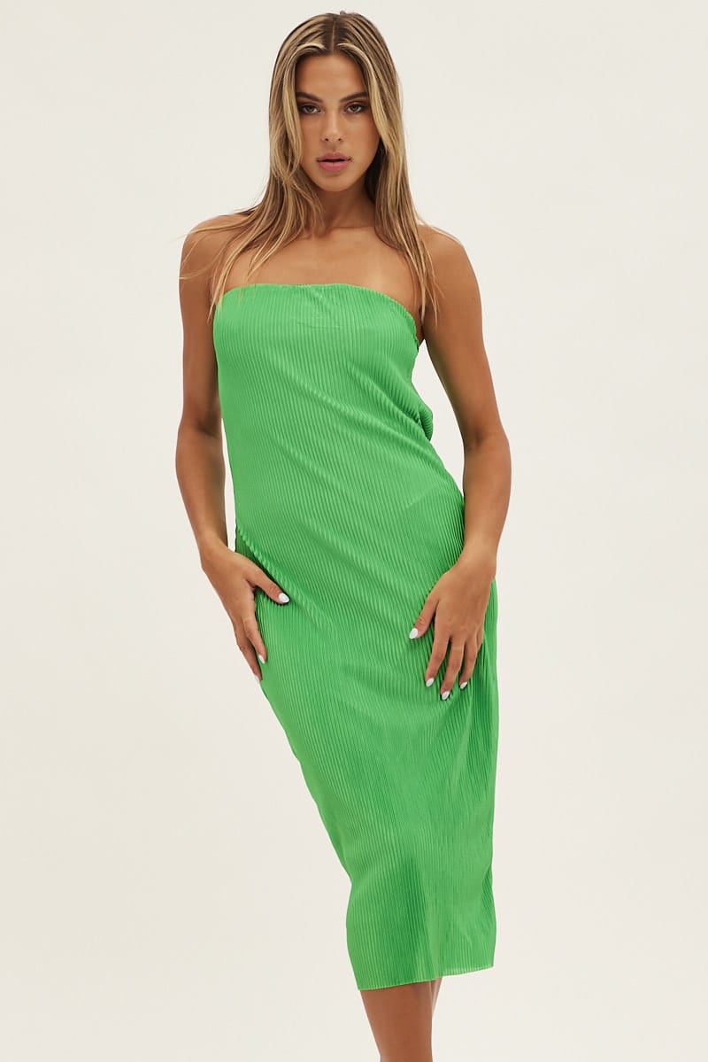 Green Midi Dress Bandeau Plisse for Ally Fashion