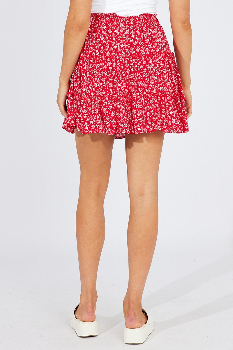 Red Floral Skater Skirt Elastic Waist Mini for Ally Fashion