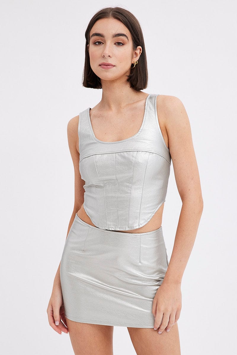 Metallic Mini Skirt Mid Rise PU Faux Leather Silver for Ally Fashion