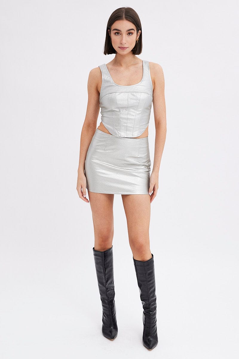 Metallic Mini Skirt Mid Rise PU Faux Leather Silver for Ally Fashion