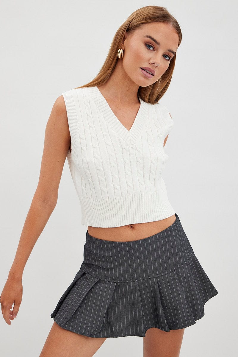 Grey Stripe Tennis Skirt Low Rise Mini Pleated Lined for Ally Fashion