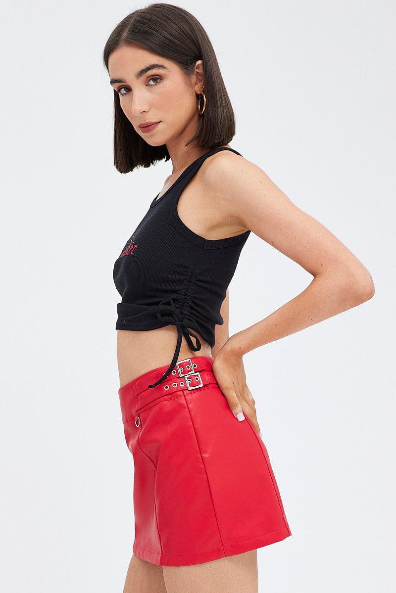 Red Faux Leather Skirt Mid Rise Mini Buckle Detail for Ally Fashion