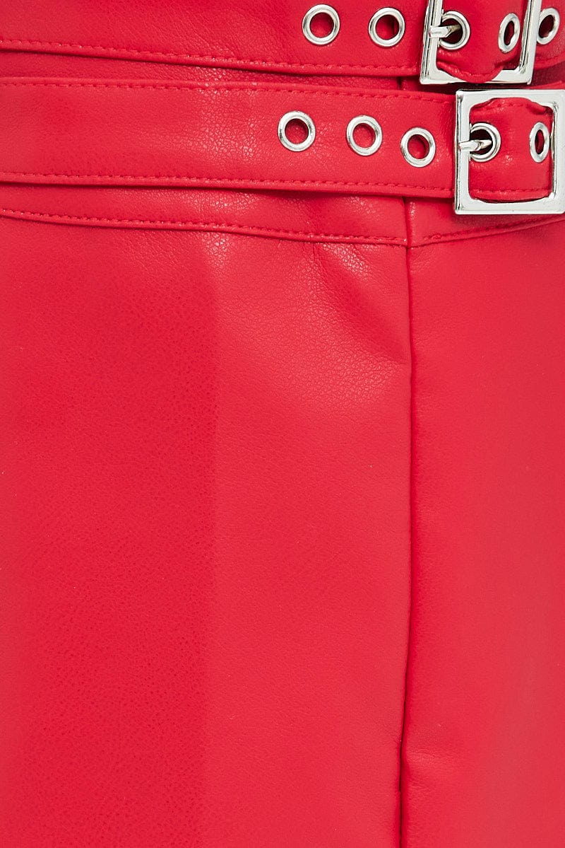 Red Faux Leather Skirt Mid Rise Mini Buckle Detail for Ally Fashion