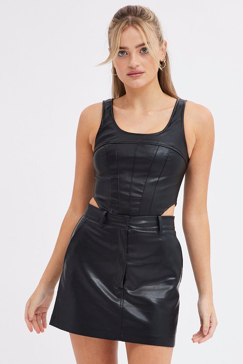 Black Mini Skirt High Rise Pocket Detail Faux Leather | Ally Fashion