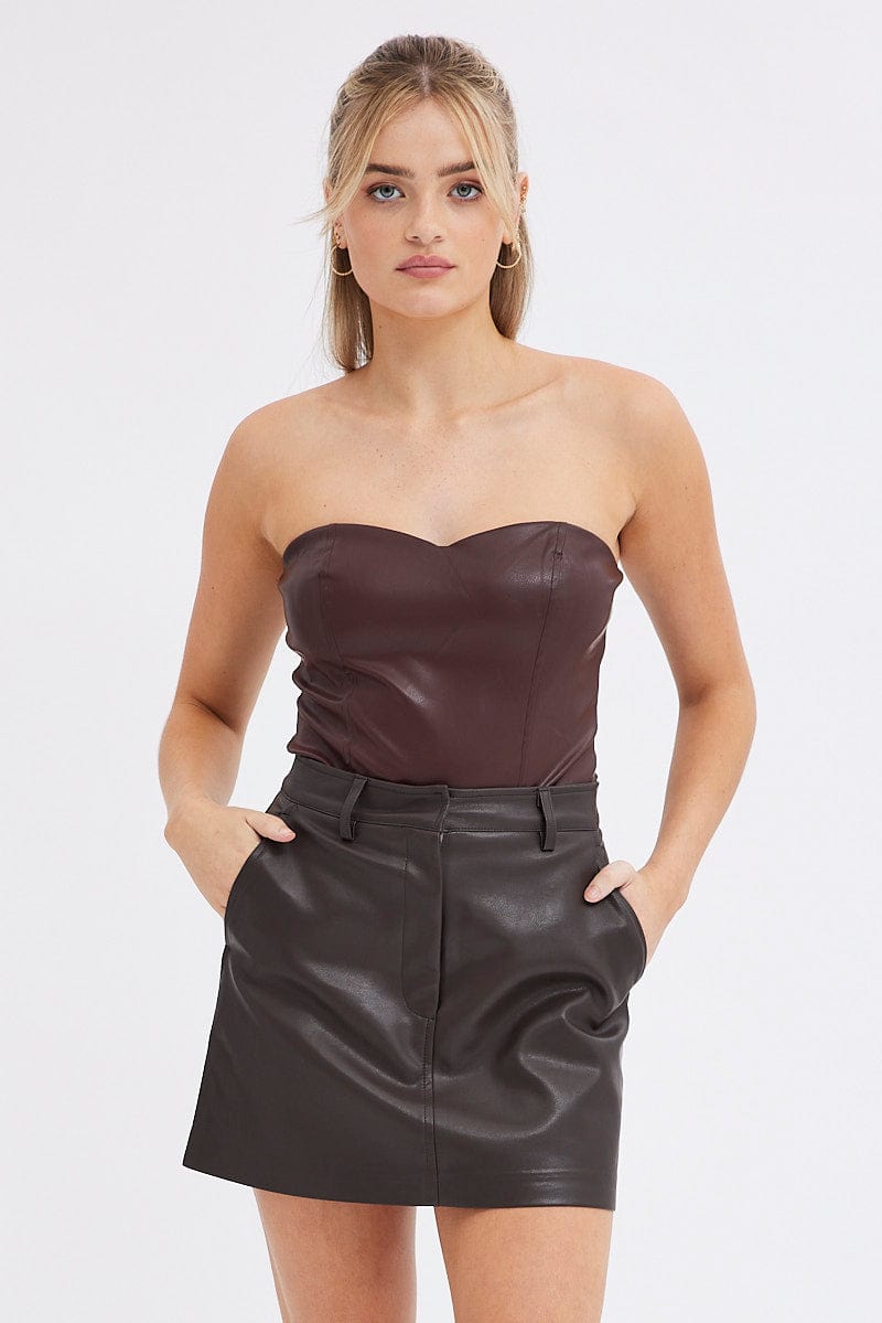 Brown Mini Skirt High Rise Pocket Detail Faux Leather for Ally Fashion