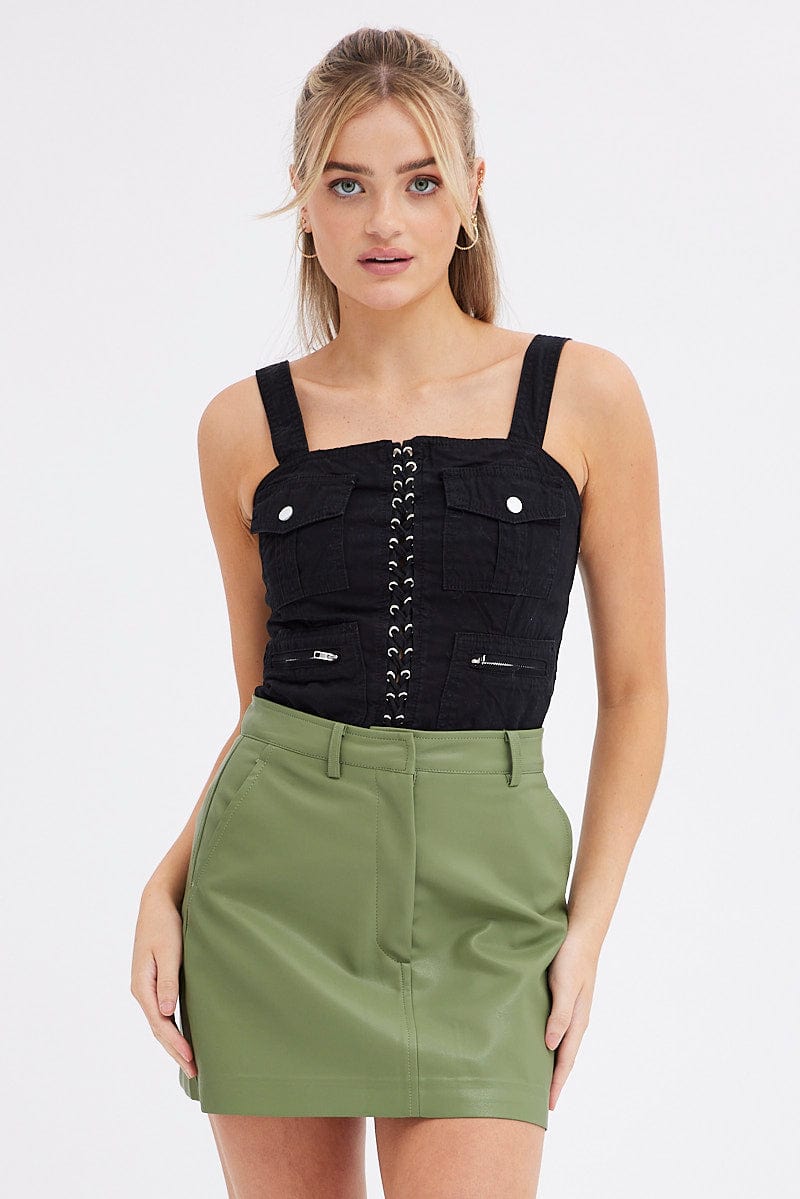 Green Mini Skirt High Rise Pocket Detail Faux Leather for Ally Fashion