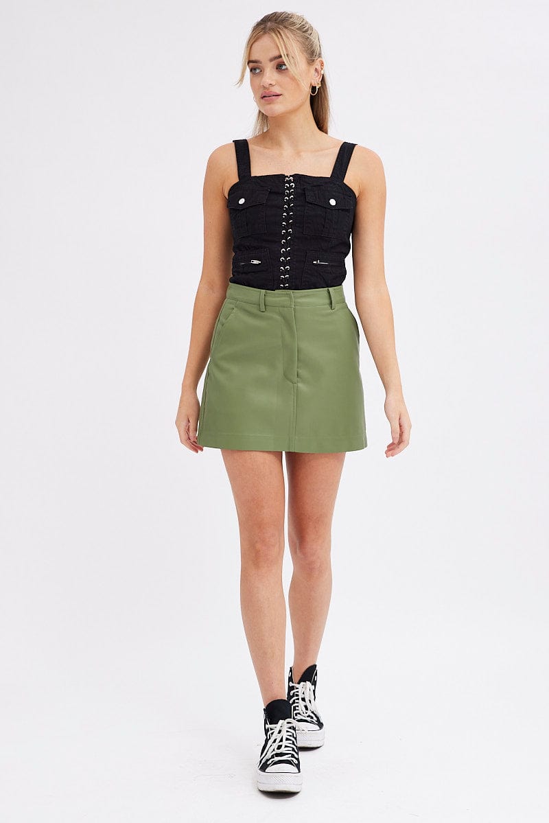 Green Mini Skirt High Rise Pocket Detail Faux Leather for Ally Fashion