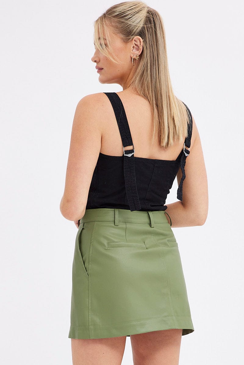 Green Mini Skirt High Rise Pocket Detail Faux Leather for Ally Fashion