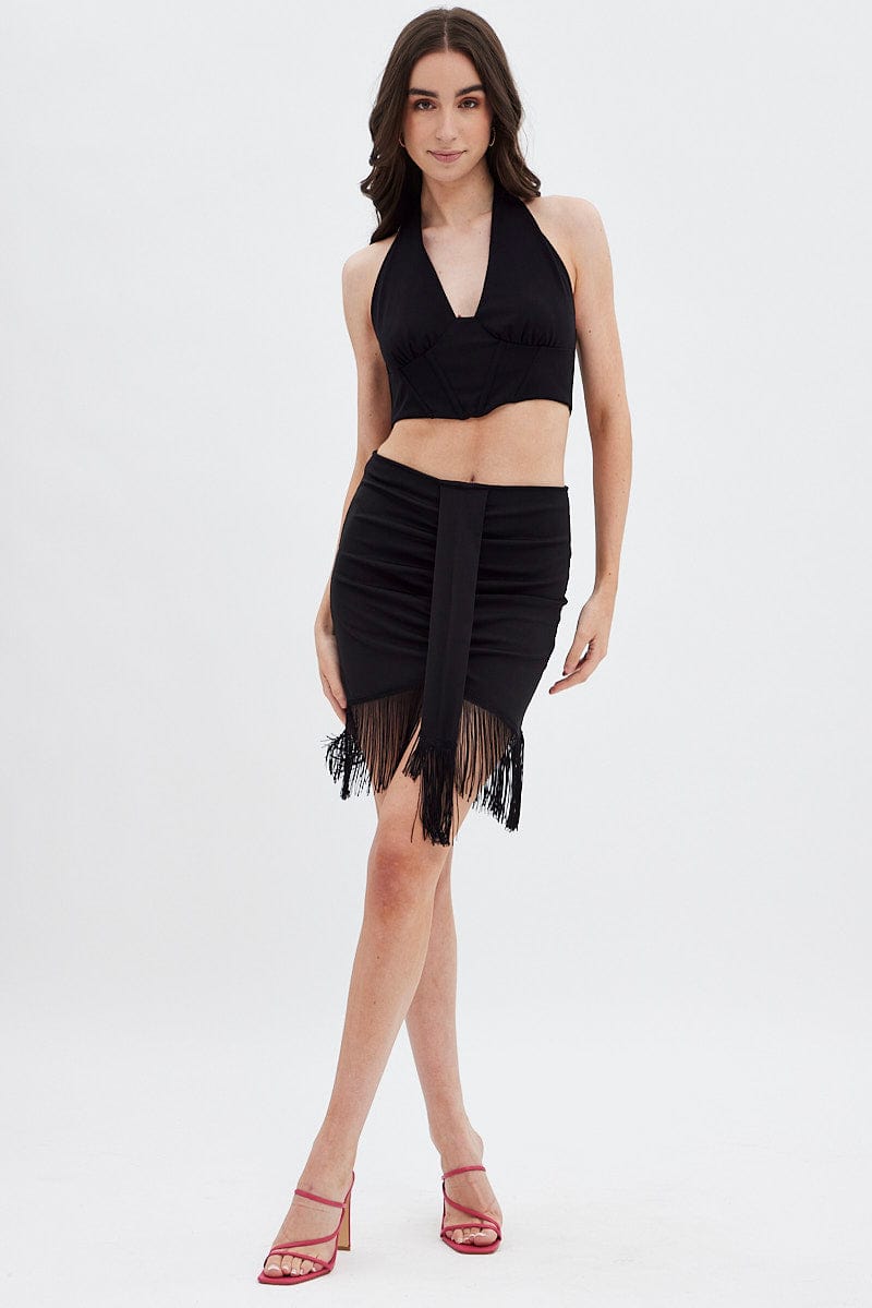 Black Tassels Ruched Mini Skirt for Ally Fashion