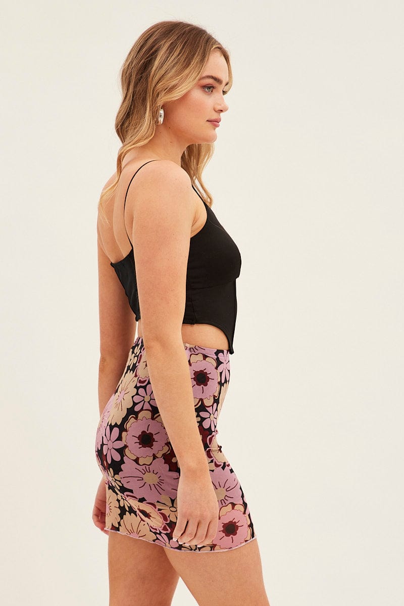 Black Floral Mini Skirt Mesh for Ally Fashion