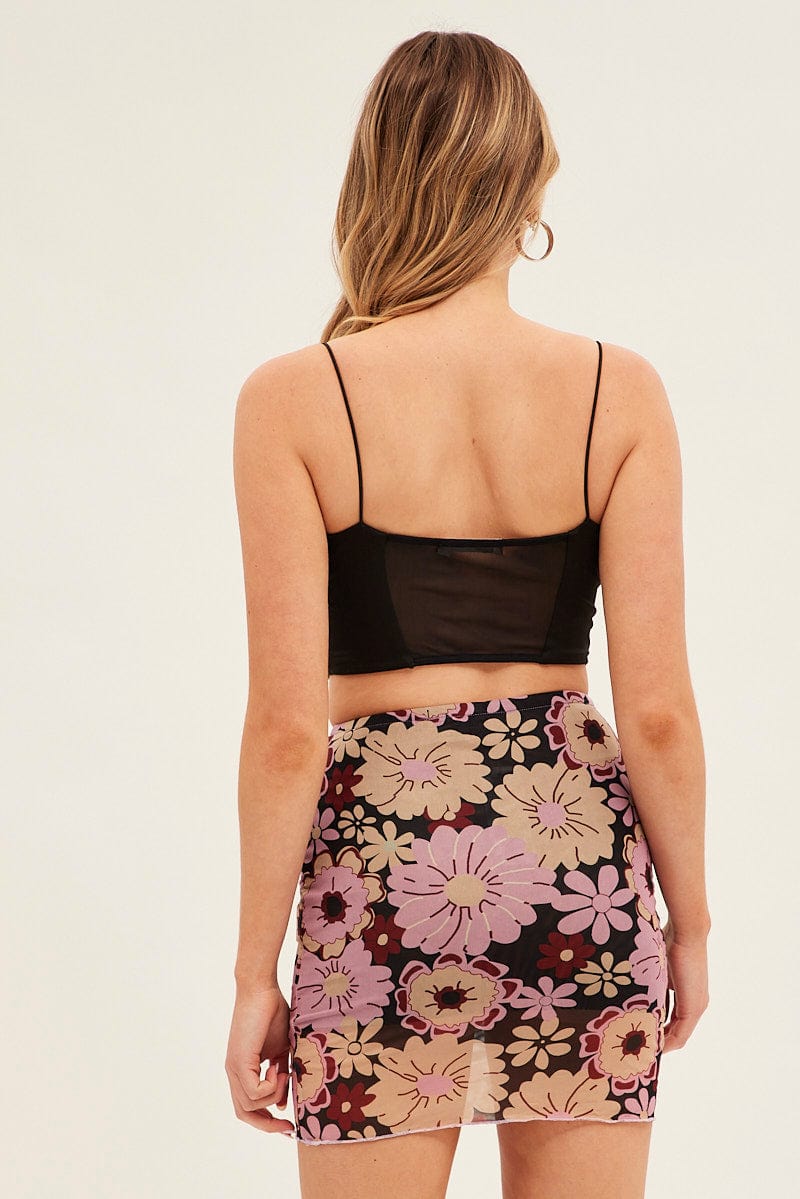 Black Floral Mini Skirt Mesh for Ally Fashion