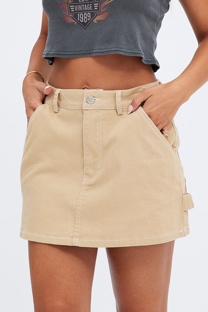 Beige Mirco Mini Skirt Mid-Rise A-Line Cargo for Ally Fashion