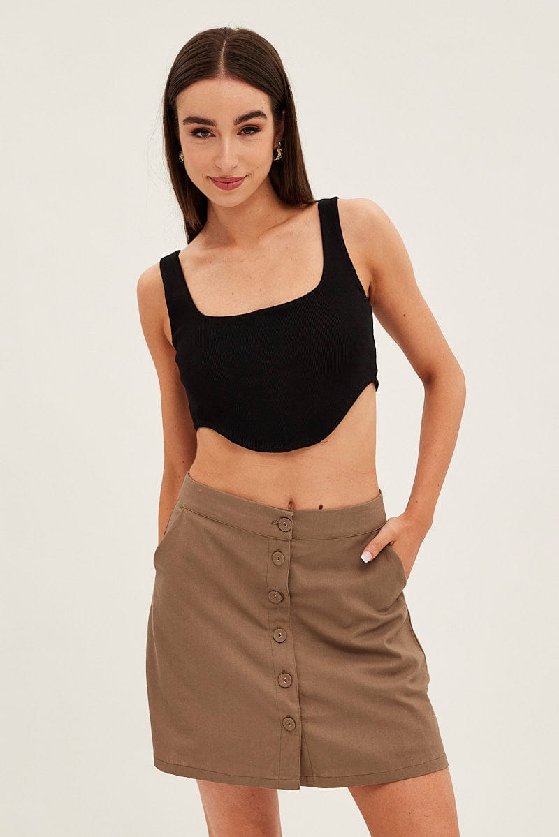 Brown Linen Blend Button Front Mini Skirt for Ally Fashion