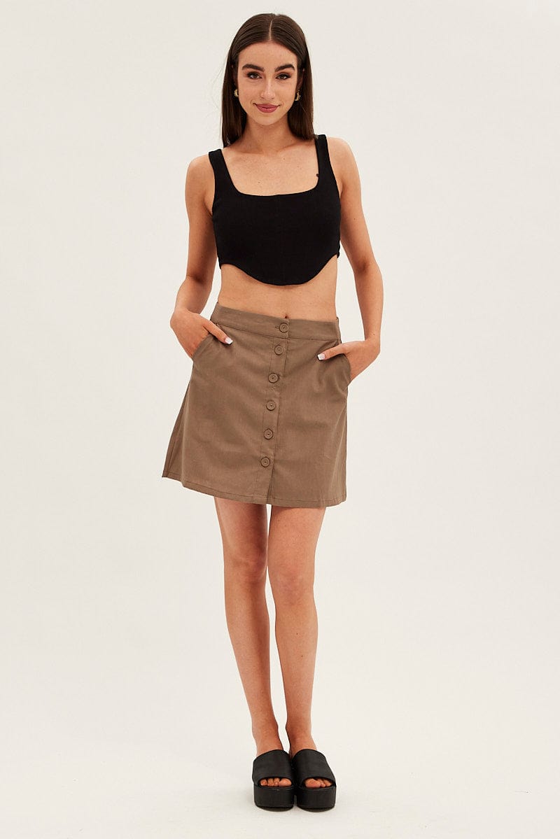 Brown Linen Blend Button Front Mini Skirt for Ally Fashion