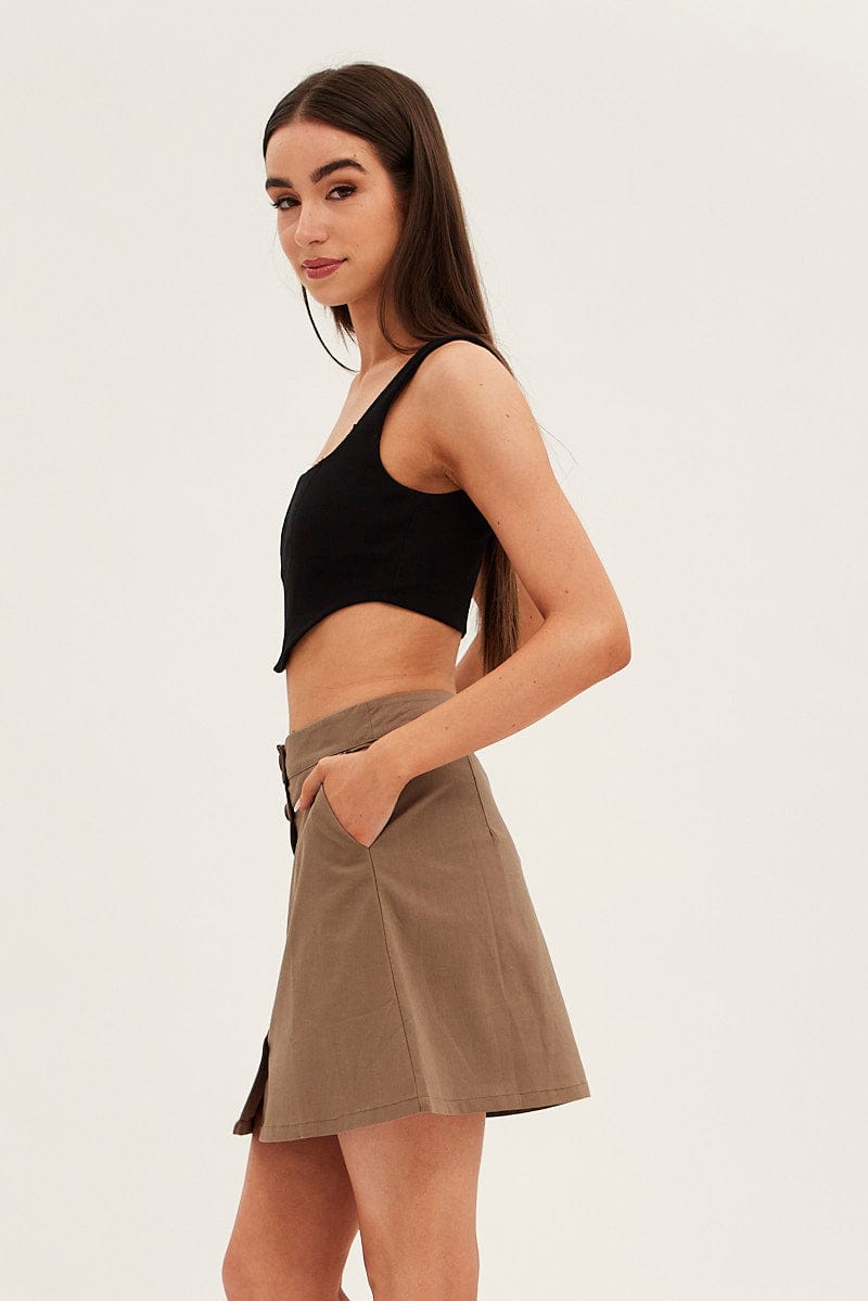 Brown Linen Blend Button Front Mini Skirt for Ally Fashion