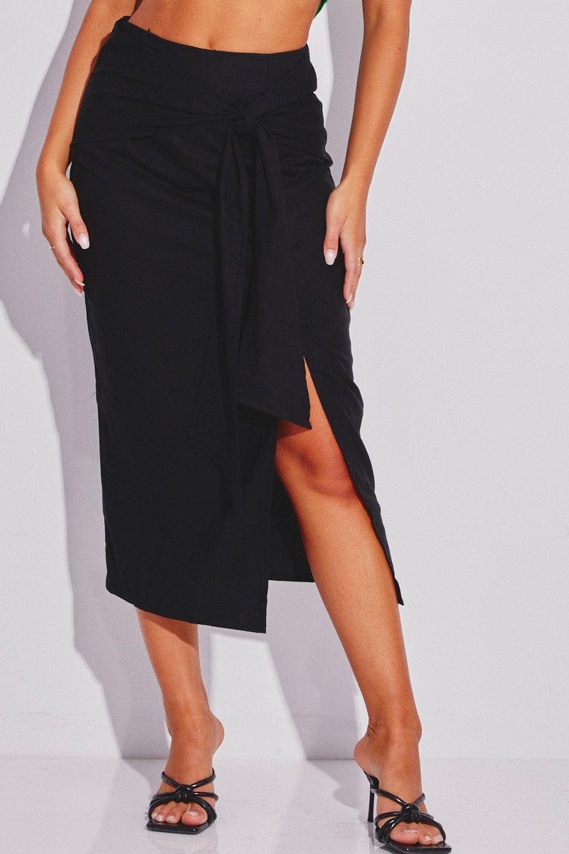 Black Midi Skirt Tie Front Side Split Hem for Ally Fashion