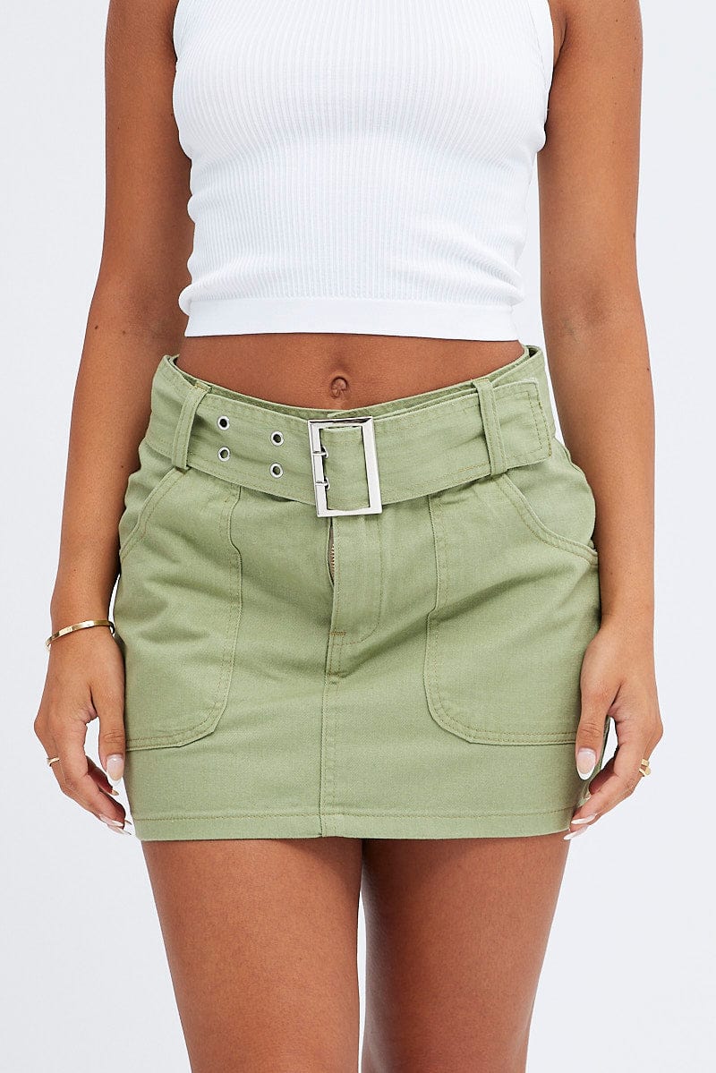 Green Mini Skirt Low Rise Belted Cotton Blend for Ally Fashion