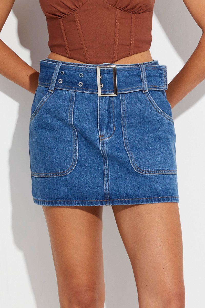 Blue Mini Skirt Low Rise Belted Denim | Ally Fashion