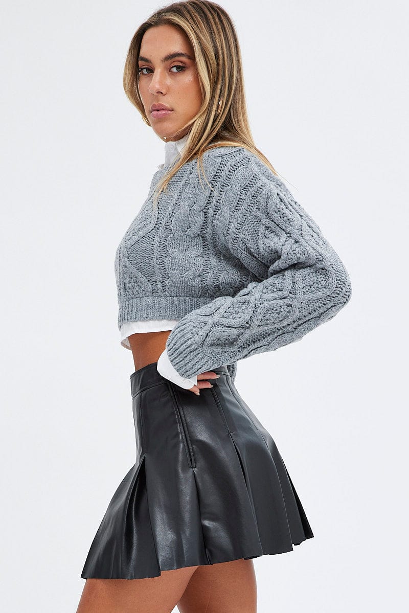 Black Pleated Skirt Mini Faux Leather | Ally Fashion