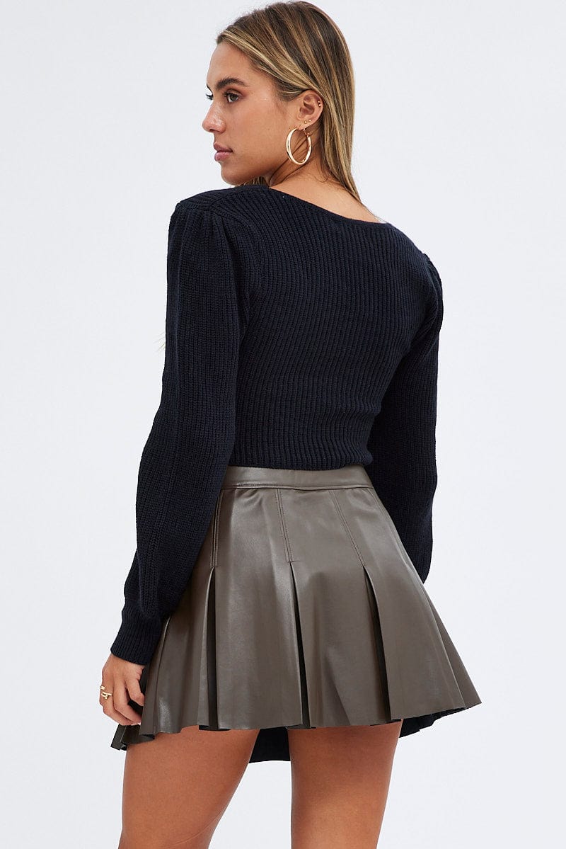 Brown Pleated Skirt Mini Faux Leather for Ally Fashion